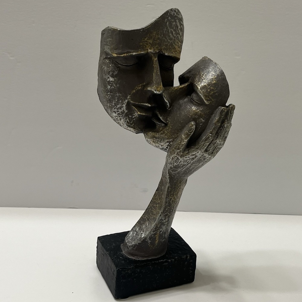 Abstract Resin Sculpture Kissing Couple Cradling Face Antique Bronze-Patina 11"